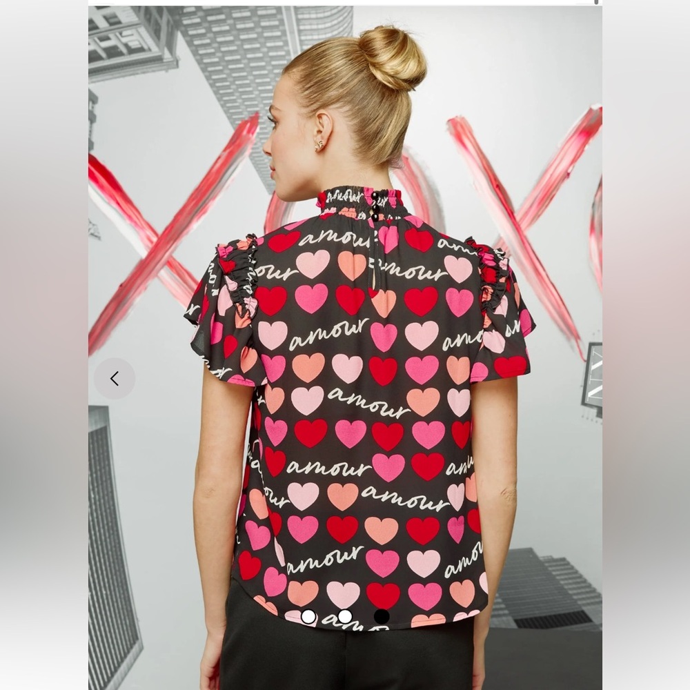 Women’s Heart Print Ruffled Mock Neck Top - Black/Pink - Picture 2 of 8